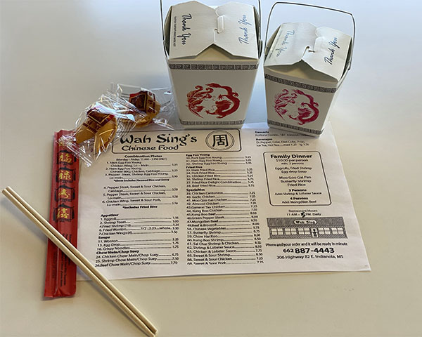 wah sings sample food platter take out boxes and chop sticks