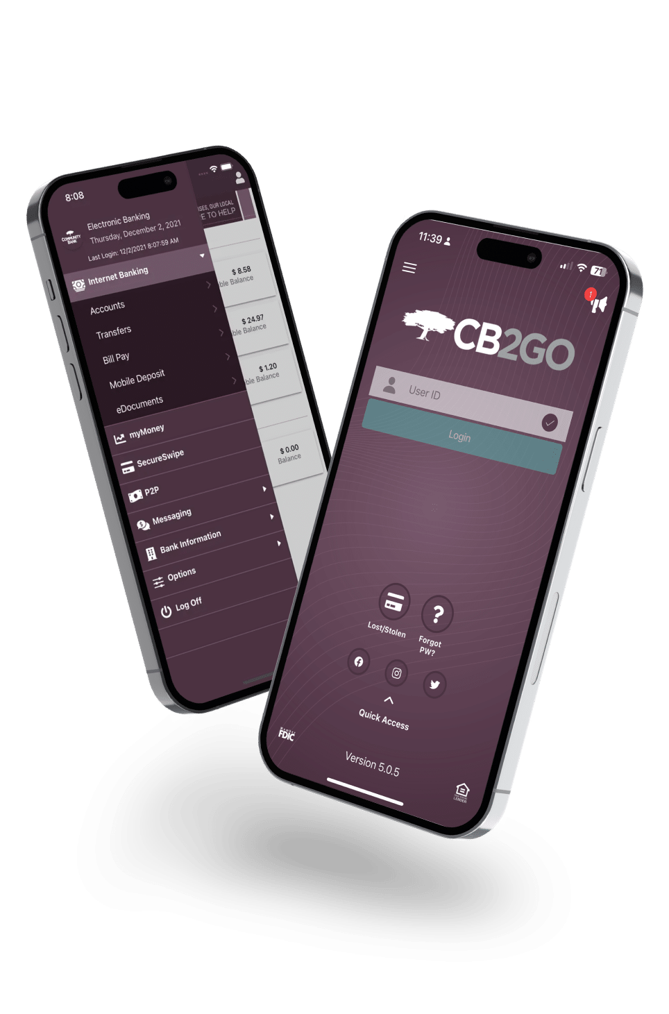 Two mobile devices showing views of the CB2GO app