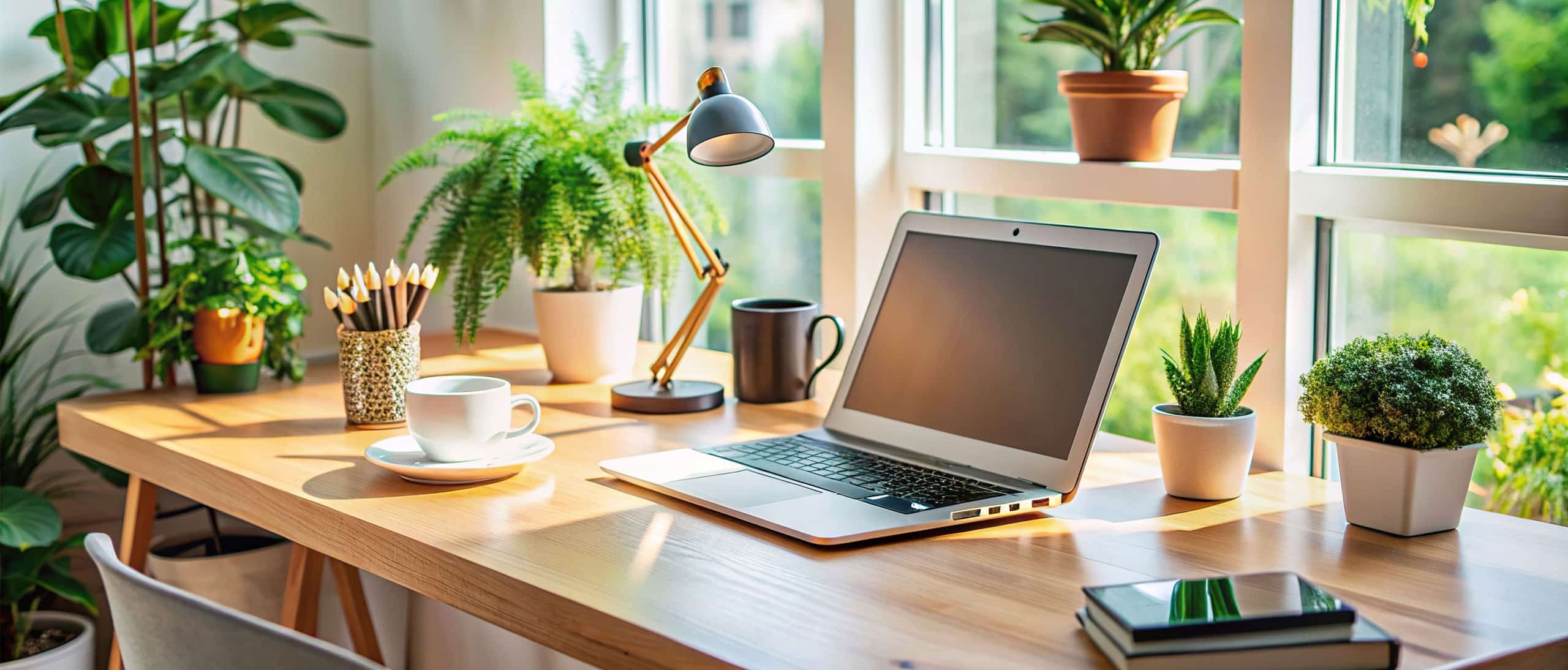 Computer on a sunny desk